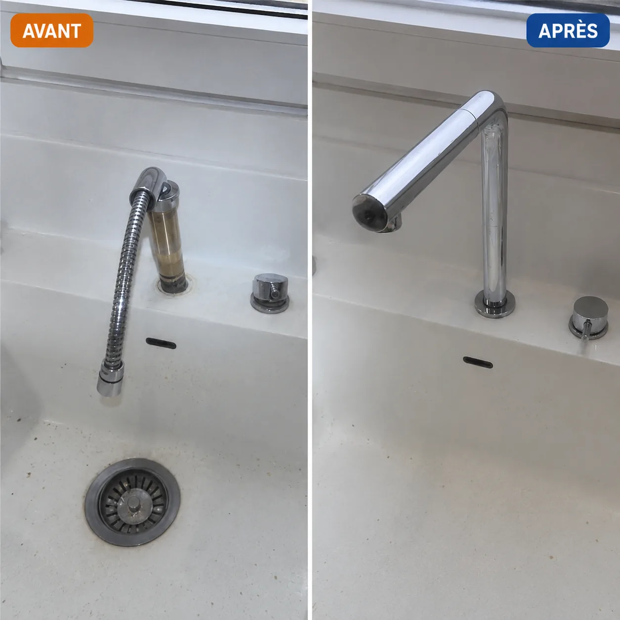 Mitigeur de cuisine encrassé avant intervention et robinet neuf après remplacement par Plumber Deboucheur dans le Val-d'Oise