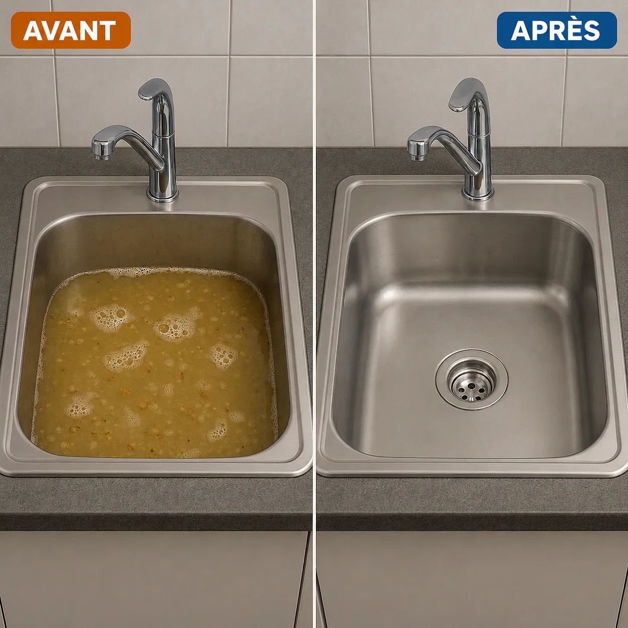 Évier de cuisine rempli d'eau stagnante avant débouchage et bac vide après intervention de Plumber Deboucheur dans le Val-d'Oise