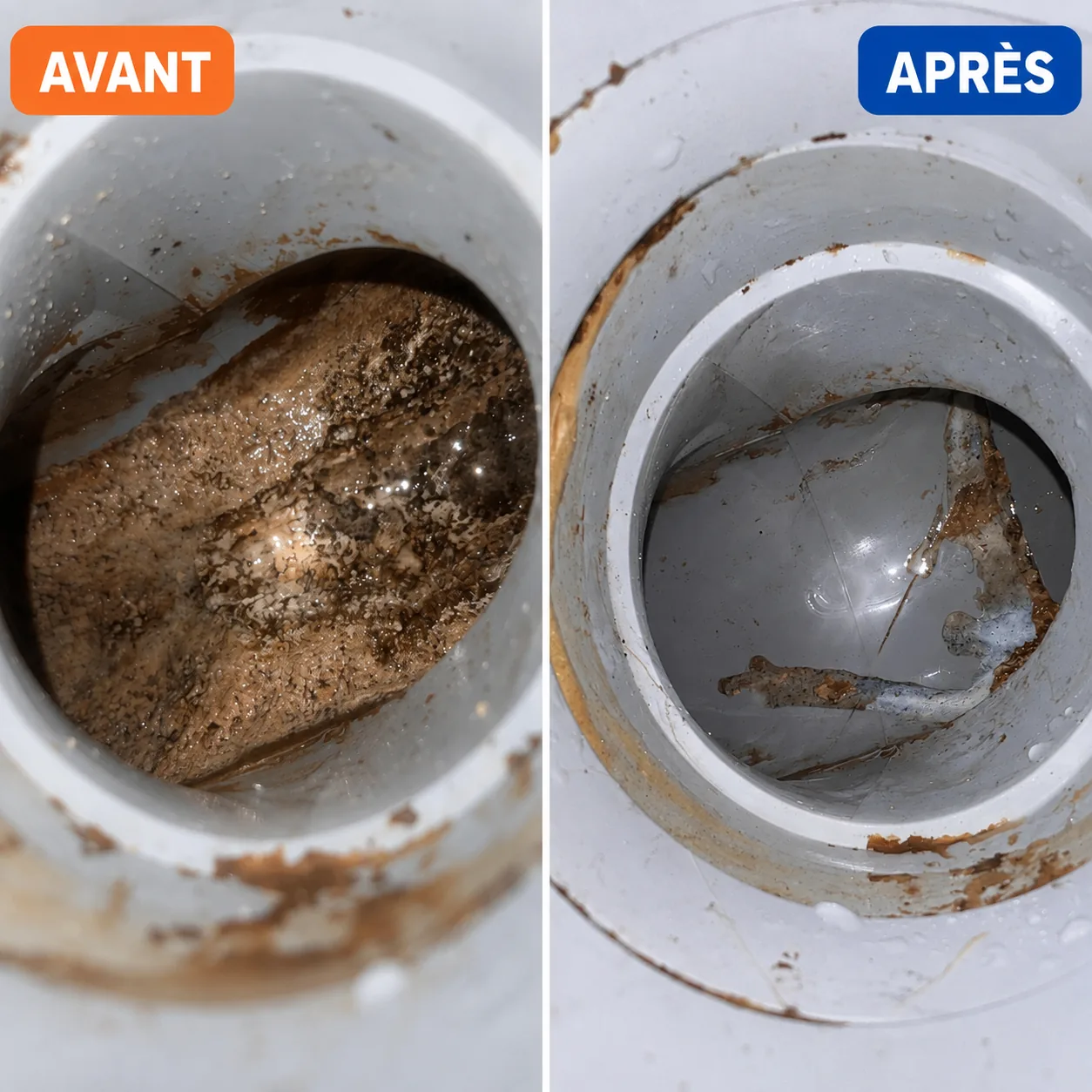Canalisation PVC obstruée par les graisses avant hydrocurage et conduite dégagée après passage de Plumber Deboucheur dans le Val-d'Oise