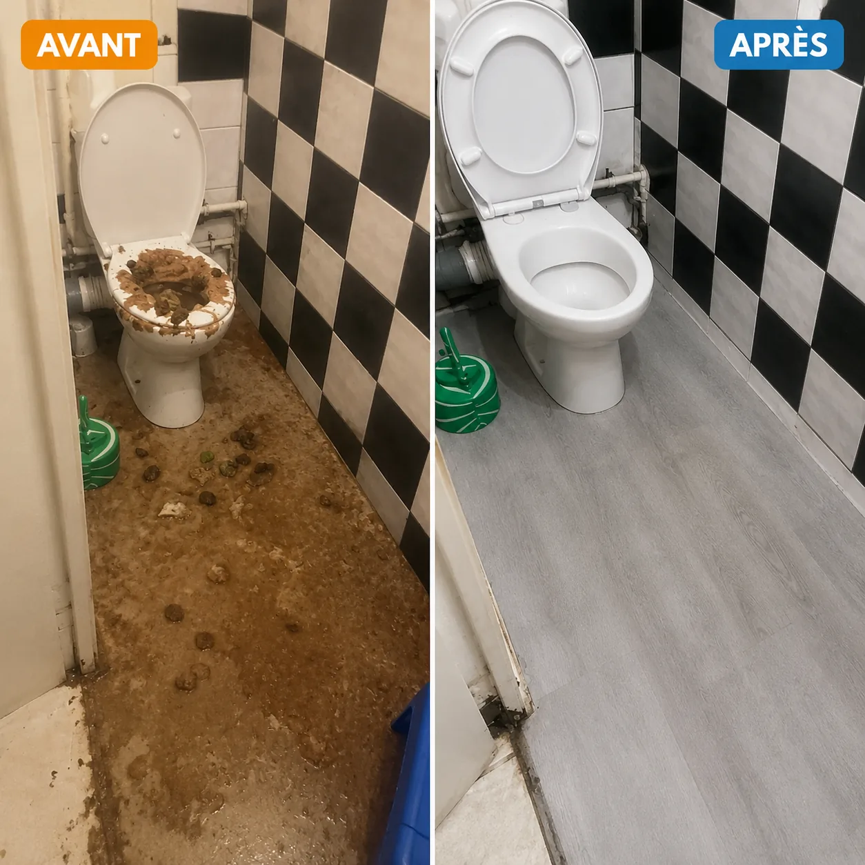 WC bouché avec refoulement au sol avant intervention et toilettes remises en service après débouchage par Plumber Deboucheur dans le Val-d'Oise