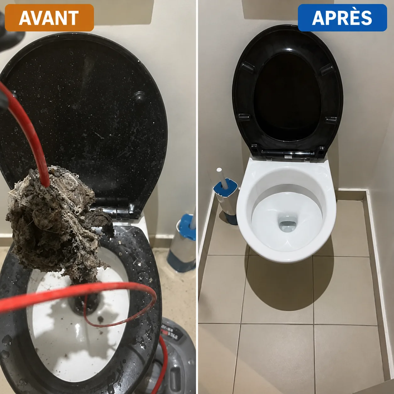 Plombier déboucheur passant un furet dans un WC bouché à Saint-Witz, Val-d'Oise